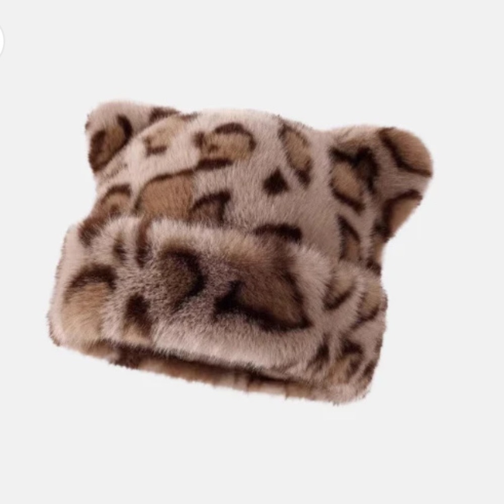 Leopard Print Furry beanie cat Hat
